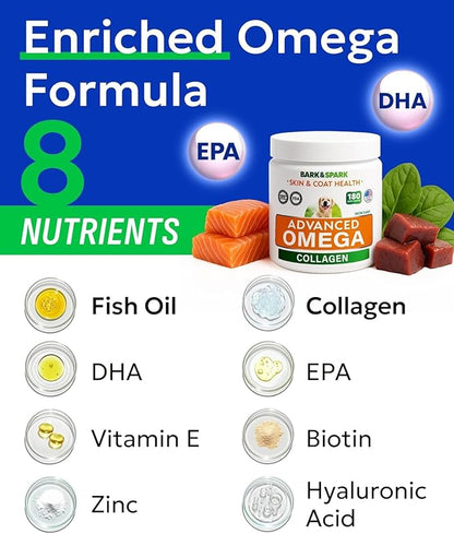 BARK&SPARK Advanced Omega-3 Collagen for Dogs - 180 Salmon & Fish Oil Treats for Dog Shedding, Skin Allergy Chews, Itch Relief, Hot Spots Treatment - Joints, Skin & Coat Supplement,EPA&DHA Fatty Acids