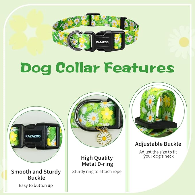 Kazazoo Dog Collar Cute and Soft Nylon Puppy Collar for Boy and Girl, Adjustable Dog Collars for Medium Large Dogs, Green Daisy-L