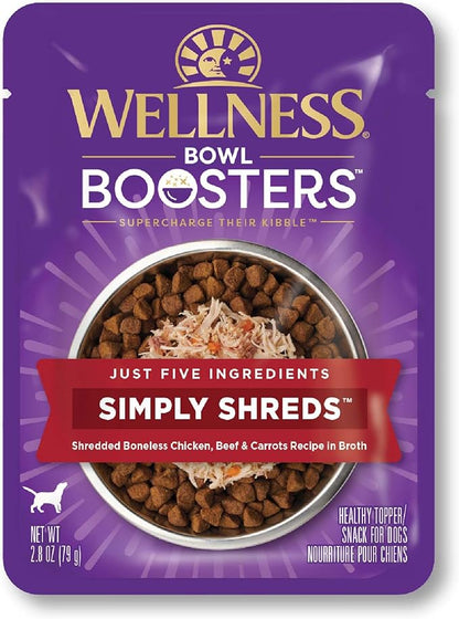 Wellness Bowl Boosters Simply Shreds Wet Dog Food Topper for Small, Medium, and Large Breeds, Grain Free, Natural, Beef and Carrots Recipe, 2.8 oz, Pack of 12 Pouches