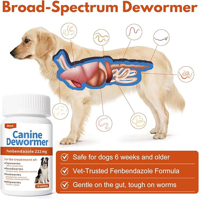 Canine Dewormer (Fenbendazole) for Roundworms, Hookworms, Tapeworms & Whipworms, 6 Chewable Tablets