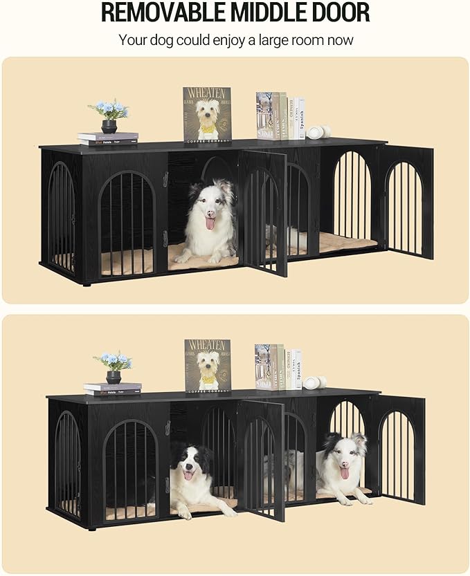 Hzuaneri 71" Dog Crate Furniture for 2 Dogs, Heavy Duty Indoor Dog Kennel TV Stand, XL Wooden Dog Cage with Divider for Medium Large Dogs, End Table Dog Crate with Cushion, Black DFC81904B