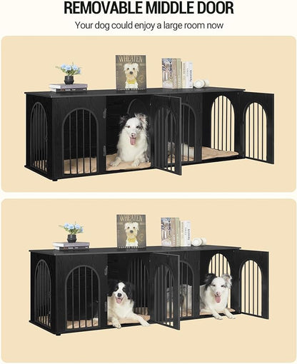 Hzuaneri 71" Dog Crate Furniture for 2 Dogs, Heavy Duty Indoor Dog Kennel TV Stand, XL Wooden Dog Cage with Divider for Medium Large Dogs, End Table Dog Crate with Cushion, Black DFC81904B