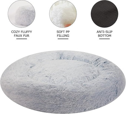 Bedfolks Calming Donut Dog Bed, 23 Inches Round Fluffy Dog Beds for Small Dogs, Machine Washable Anti-Anxiety Plush Puppy Bed（Light Blue, Small）