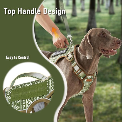 Heavy Duty No Pull Tactical Dog Harness for Large Dogs, Labrador Golden Retriever German Shepherd, Adjustable Soft Padded Dog Vest, Breathable Pet Oxford Vest with Easy Control Handle, Green Ethnic L