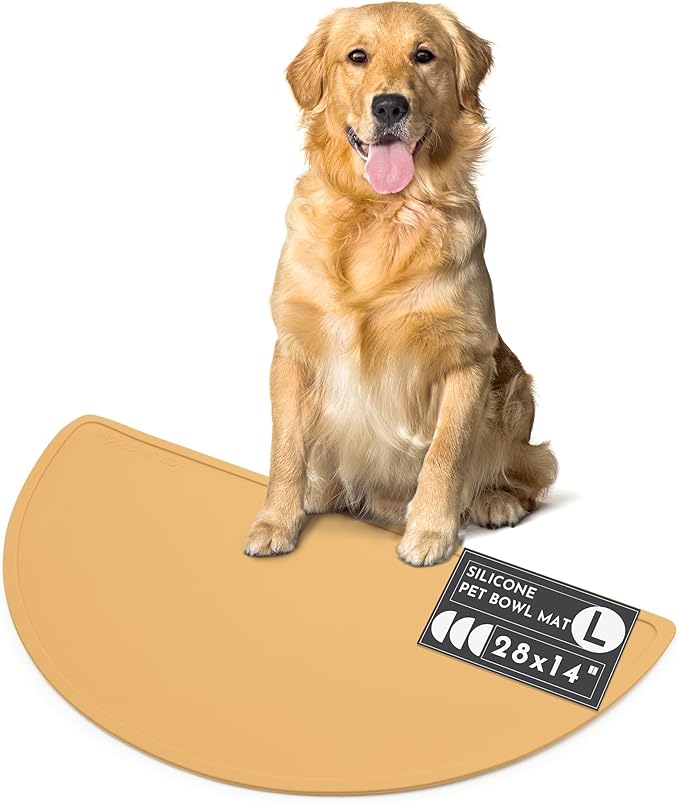 Should We Go - Waterproof Silicone Pet Food Mat - Non-Slip, Spill-Proof Feeding Mat for Floors, Raised Edge Design, Easy-to-Clean, Rubber Pad for Dog & Cat Bowls, 28" Across x 14" Deep, Large-Honey