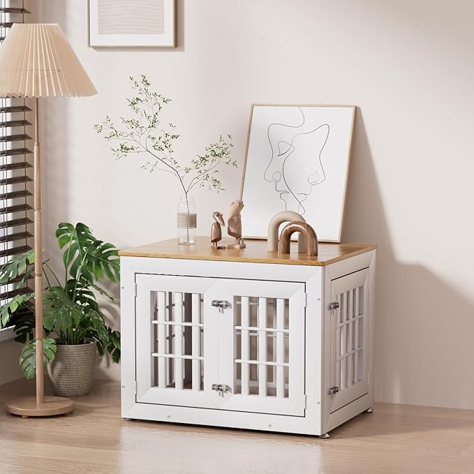 Snuowu 32" Heavy Duty Dog Crate Furniture for Small,Medium and Large Dogs,Rustic Wooden Dog Cage Kennel Indoor Furniture with Waterproof Top,Decorative Pet House Side End Table (White & Wood)