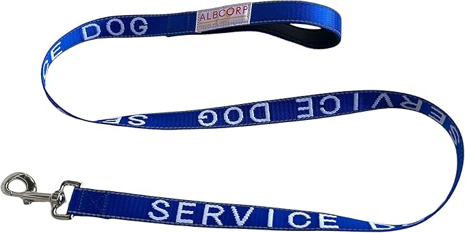 Albcorp Service Dog Leash - Embroidered- with Padded Neoprene Handle and Reflective Threads, 4 Feet, for Harnesses, Vests or Collars. Blue