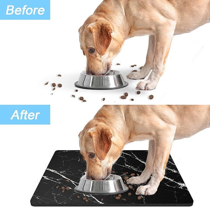 Rnivvi Dog Food Mat, 12" x 19" Marble Absorbent Dog Cat Bowl Mat for Food and Water, Cute Anti-Slip Rubber Pet Feeding Rug Protect Floors, Puppy Placemat for Feeding & Watering Supplies, Black