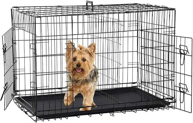 Folding Dog Crate 36" Metal Portable Outdoor Double Door Wire Large Cat Pet Dog Cage Kennel with ABS Tray LC & Divider, Black