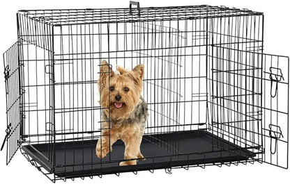 Folding Dog Crate 36" Metal Portable Outdoor Double Door Wire Large Cat Pet Dog Cage Kennel with ABS Tray LC & Divider, Black