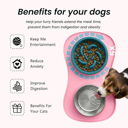 YINEYA Slow Feeder Dog Bowls Stainless Steel Food and Water Bowl Set 3 in 1 No Spill Waterproof Silicone Pet Food Mat Puppy Feeding Station for Large Medium Small Breed Non Slip Metal Dish Tray