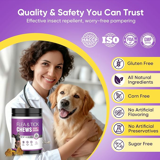 Dog Flea and Tick Treatment Chewable 200 Treatment Chews Natural Soft Chew Fleas Ticks Treatment Dog Oral Chewables Support Supplement Pest Defense Breeds and Ages Dogs Chicken Flavor