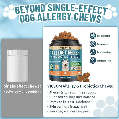 Dog Allergy Chews with Probiotics for Dogs, 200 Dog Allergy Relief Treats for Dogs Immune Support & Itching Skin Relief, Ears, Eyes, Paws Support, Dog Probiotics for Gut Health, Chicken Flavor