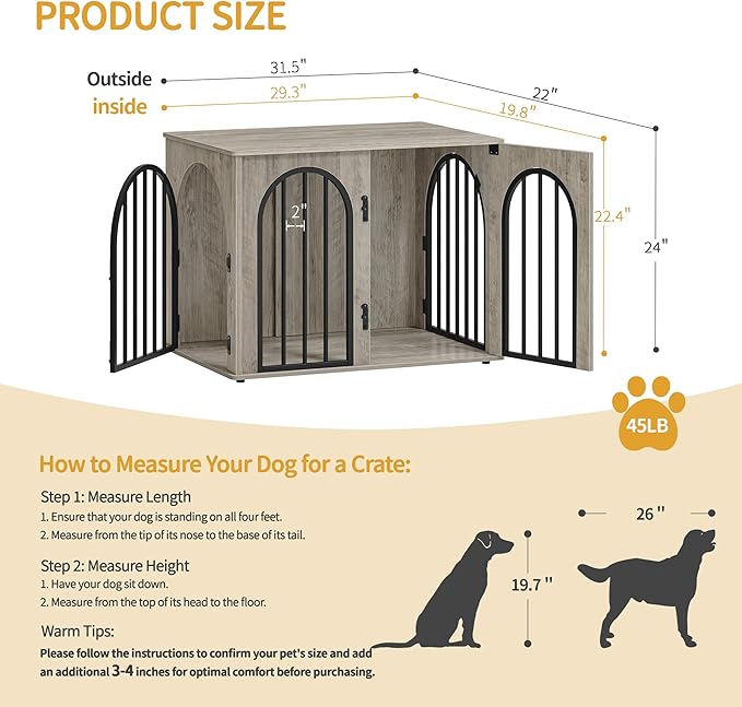 Hzuaneri 31.5'' Wooden Dog Crate Furniture, Indoor Dog Kennel Dogs Cage for Small/Medium Dogs, Heavy Duty Dog Crates Decorative Pet House End Side Table TV Stand, Greige Black DFC85105B