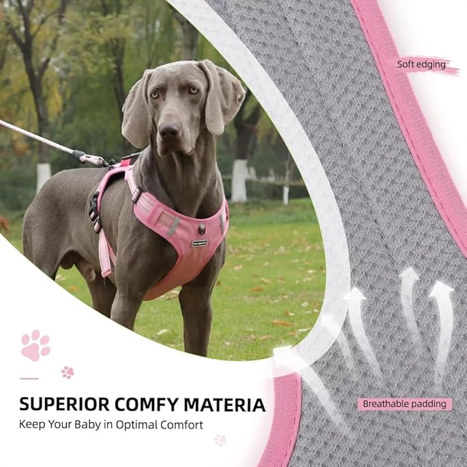 Dog Harness No Pull Adjustable Reflective,for Medium and Large Small Dog with Leash 59.06in (Pink, L)