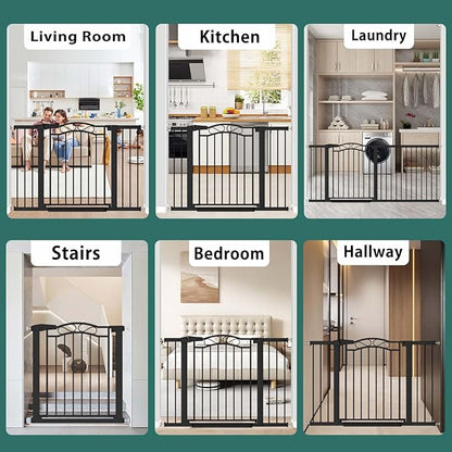 Fairy Baby 68.2"-70.8" Extra Wide Baby Gate with Door, 69 70 Inches Walk THR Baby Gates for Stairs Pressure Mounted no Drill, Indoor Tension Metal Child Pet Dog Safety Gate for Kids, Black