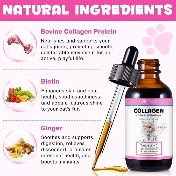 Collagen for Cats, Cat Collagen Liquid Drops for Cats with Biotin, MSM & Ginger Digestive & Immunity Support, Itch Relief, Skin & Coat and Joint Health, Cat Supplement 60ml ﻿