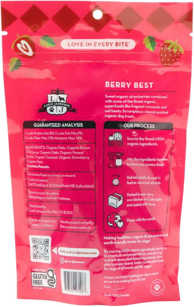 Lord Jameson Berry Best Soft & Chewy Organic Dog Treats - Strawberries & Beets- Gluten-Free, Preservative-Free, USDA Certified Organic – For All Life Stages - Made in USA 6 oz