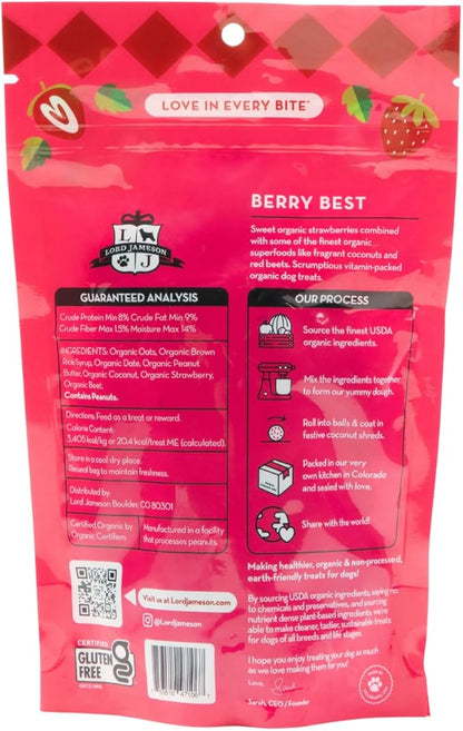 Lord Jameson Berry Best Soft & Chewy Organic Dog Treats - Strawberries & Beets- Gluten-Free, Preservative-Free, USDA Certified Organic – For All Life Stages - Made in USA 6 oz