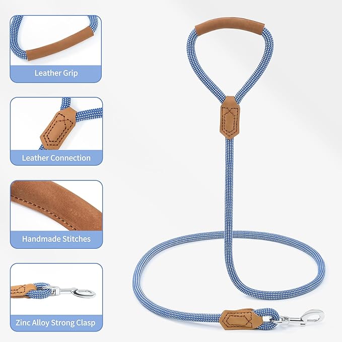 Mile High Life | Premium Leather Dog Leash | Strong Rope Leash | Leather Handle | Zinc Alloy Strong Clasp | Small Medium Large Dogs | 4/5/6 Feet(Blue White, 48 Inch (Pack of 1))