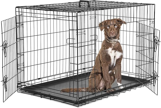 Dog Crate - Medium 36 Inch Double Door Portable Dog Cage, Metal Wire Pet Kennel with Secure Lock, Leak-Proof Pan Tray, Foldable Design for Dogs Pets Indoor Training and Outdoor Trave