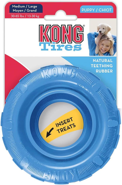KONG Puppy Tires - Dog Chew Toy for Puppies - Stuffable Dog Toy for Treats & Snacks - Natural Rubber Chew Toy for Teething Puppy - for Medium/Large Puppies - Randomly Provided Color