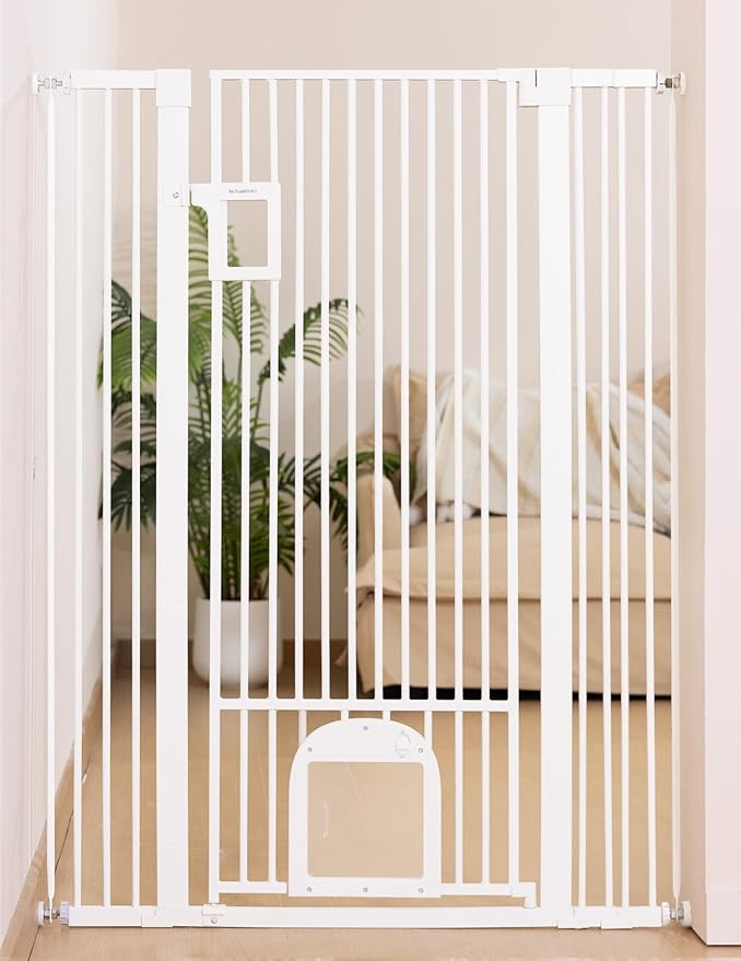 No Pawblems 55" Extra Tall Pet Gate with Adjustable Cat Door, 29-43" Auto Close Tall Dog Gate, NO Drilling Pressure Mounted for Doorways/Hallways, 1.37" Narrow Bar Spacing, White