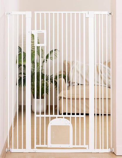 No Pawblems 55" Extra Tall Pet Gate with Adjustable Cat Door, 29-43" Auto Close Tall Dog Gate, NO Drilling Pressure Mounted for Doorways/Hallways, 1.37" Narrow Bar Spacing, White