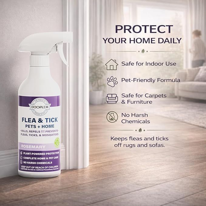 Flea Spray for Home & Pets - Flea and Tick Prevention for Dogs - Plant Based Repellent with Natural Essential Oils for Dog Flea Treatment Protection - Rosemary Scent - 16 Fl Oz