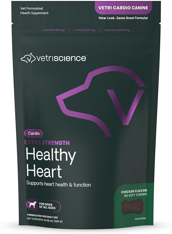 VetriScience Extra Strength Healthy Heart Chews, Vetri Cardio Supplement for Dogs, Cardio Support Supplement with Taurine, Carnitine, CoQ10, and Hawthorn, Chicken, 60 Count