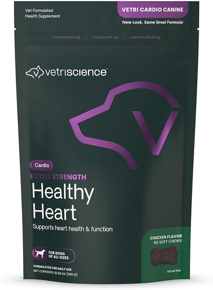 VetriScience Extra Strength Healthy Heart Chews, Vetri Cardio Supplement for Dogs, Cardio Support Supplement with Taurine, Carnitine, CoQ10, and Hawthorn, Chicken, 60 Count
