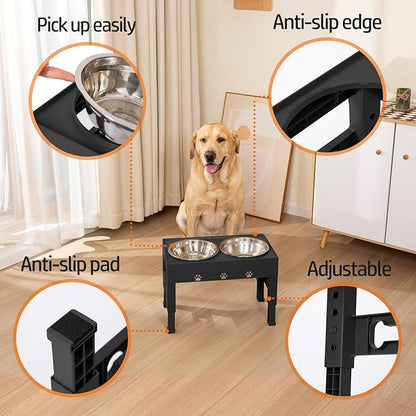 Elevated Dog Bowls with 2 Stainless Steel Bowls, 5-Height Adjustable Stand (3.1", 9" to 12"), for Improved Digestion & Neck Support, Easy Clean, Non-Slip Base Raised Feeder for Medium Large Dogs