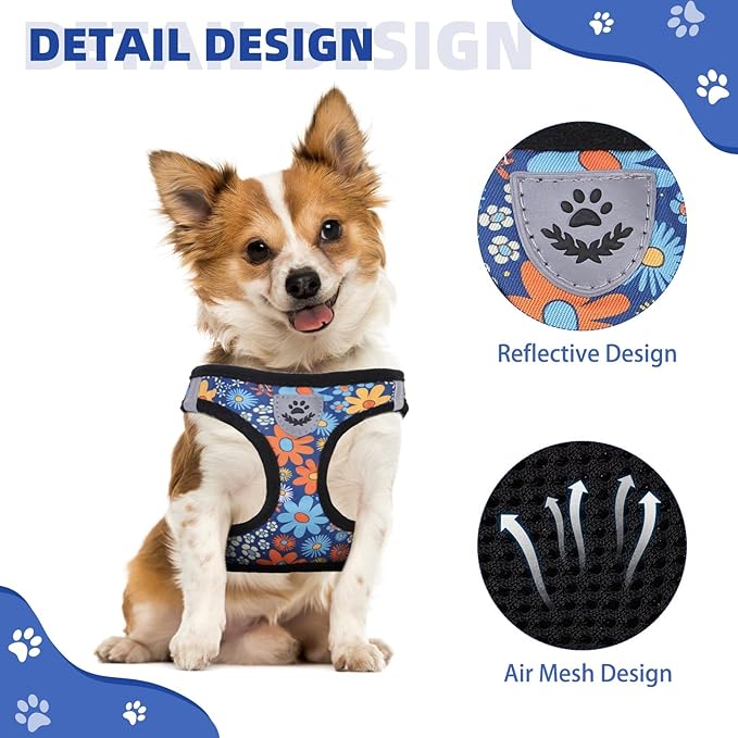 KOOLTAIL Dog Harness and Leash Set for Small Medium Dogs, Step in No Pull Comfort Padded Pet Vest, Adjustable Reflective Easy Walking Puppy Cats Harness Training, Flower Navy M