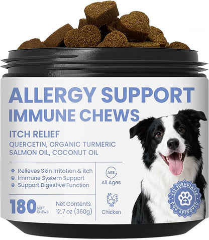 Dog Allergy Skin Relief Chews for Hotspot & Dry Skin, Itchy Skin Relief Supplement for Dog Paw Licking, Anti-Itch Soft Chews with Colostrum-Fish Oil-Probiotic to Boost Immune System 180ct