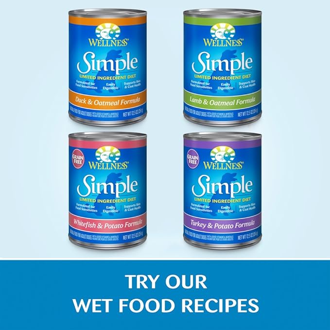Wellness Simple Limited Ingredient Diet Adult Dry Dog Food, Wholesome Grain Kibble, Sensitive Stomach, Skin & Coat Support, Natural, Chicken Free, Lamb and Oatmeal Recipe, 26 lb Bag