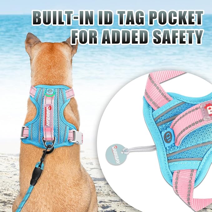 BARKBAY No Pull Dog Harness Large Reflective Dog Harness with Front Clip and Easy Control Handle for Walking Training Running with ID tag Pocket(Baby Blue & Baby Pink,S)
