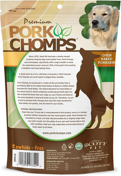 Pork Chomps Baked Pork Skin Dog Chews, 6 Inch Twists, 4 Count - Peanut Butter Wrap - Long-Lasting Treats for Dogs - High Protein, Rawhide-Free, Low Fat, Healthy & Delicious Chews