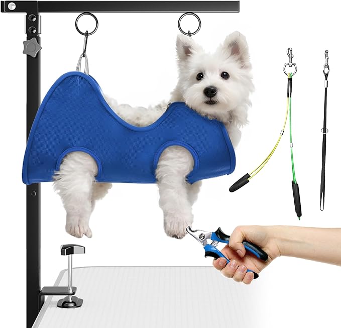 Foldable Dog Grooming Arm with Clamp: Adjustable Height 26"-40", Dog Grooming Table Arm with Hammock and No-Sit Holder, Grooming Restraint for Small Medium Dogs at Home or Salon