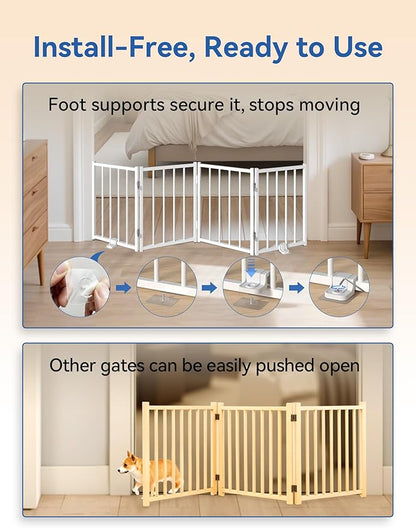 BFNN Free Standing Dog Gate, 16.5" High Short Pet Gate for Stairs and Doorways, Up to 48" Wide Foldable Puppy Fence, Indoor & Outdoor Use, No Drilling and No Assembly, for Small & Toy Dogs, White