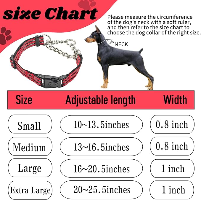 Martingale Dog Collars, Reflective Nylon Collar with Stainless Steel Chain, Adjustable Walking Training Dog Collars with Quick Release Buckle, Suitable for Small Medium Large Dogs(Red,S)