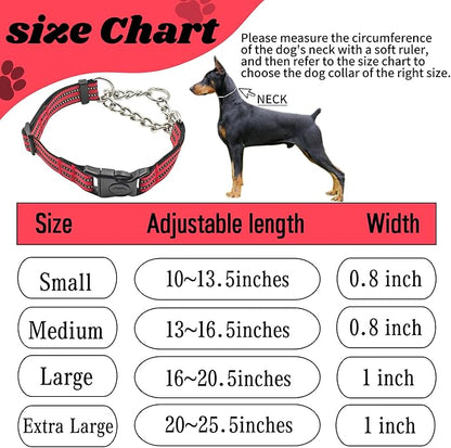 Martingale Dog Collars, Reflective Nylon Collar with Stainless Steel Chain, Adjustable Walking Training Dog Collars with Quick Release Buckle, Suitable for Small Medium Large Dogs(Red,M)