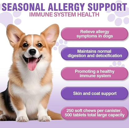 Dog Allergy Chews 500PCs,Dog Allergy and Itching Skin Relief Anti Itch Aller Immune Bites for Dogs Itching Licking Paws Treatment Relief Itchy Aller Probiotics Vitamins for Skin and Coat Allergies