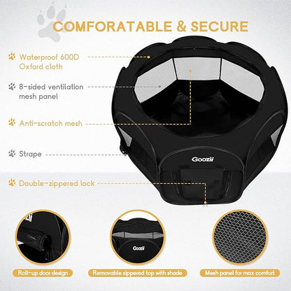 GOOZII Kitten Cat Playpen for Indoor Cats Enclosed, Portable Foldable Pet Dog Playpen Outdoor Play Tents Crate Cage with Zipper Top Cover Door for Puppy Outside Rv Car Camper (Black, Small Size)