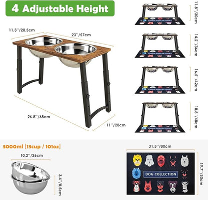 Elevated Dog Bowls for Large Extra Large Dogs with Mat, 4 Height Adjustable, 2 Stainless Steel Dog Bowls 3000ml,101oz