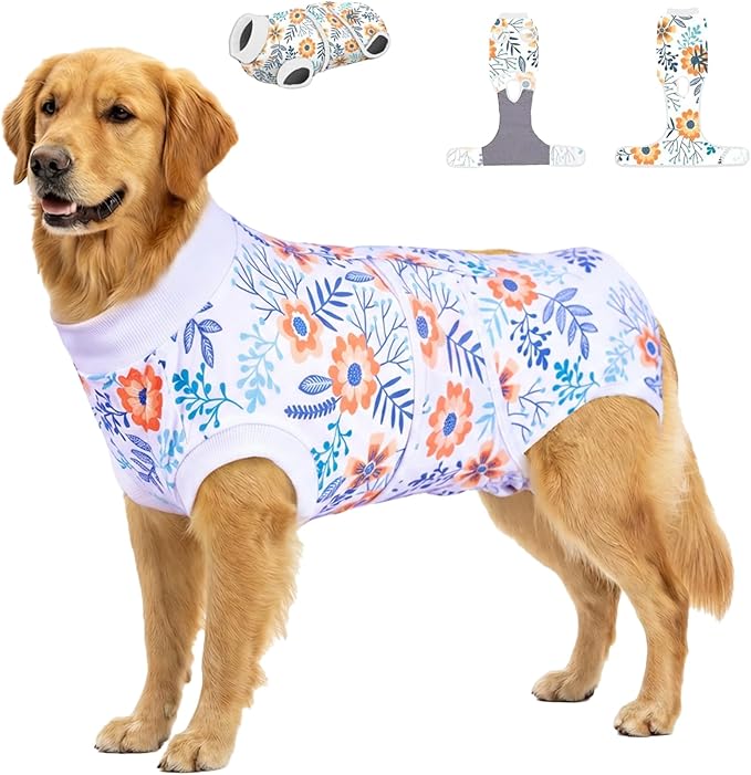 PetWarm Post Surgery Dog Onesie Female, Onesies for Dogs, Bodysuit for Abdominal Affected Areas Sensitive Skin Areas, Dog Cone Alternative After Surgery, Flower Pattern, Orange, 2XL
