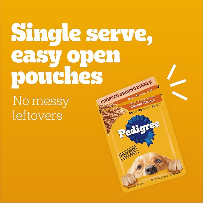 Pedigree Chopped Ground Dinner Wet Dog Food Pouches with Beef, Bacon, & Cheese Flavor, 3.5 oz Pouches, 16 Count