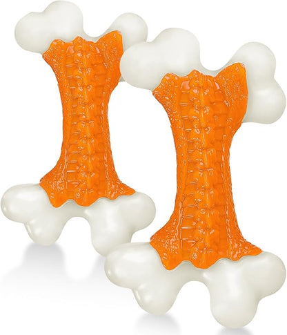 Kseroo 2-Pack Indestructible Dog Toys for Aggressive Chewers: Peanut Butter Flavored Hard Nylon Bone Chew Toys, Tough Dog Chew Toys, Dog Toys to Keep Them Busy for Medium Large Dogs, Orange