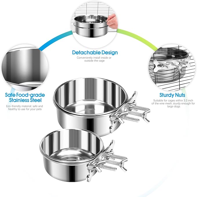 2 Pcs Small Dog Food Water Bowl for Cage with Upgraded Clamp Holder, Pet Kennel Hanging Bowls Stainless Steel Non-Spill Detectable Bowls Crate Feeder for Small Dogs (4.7x2'' & 4x1.8'')