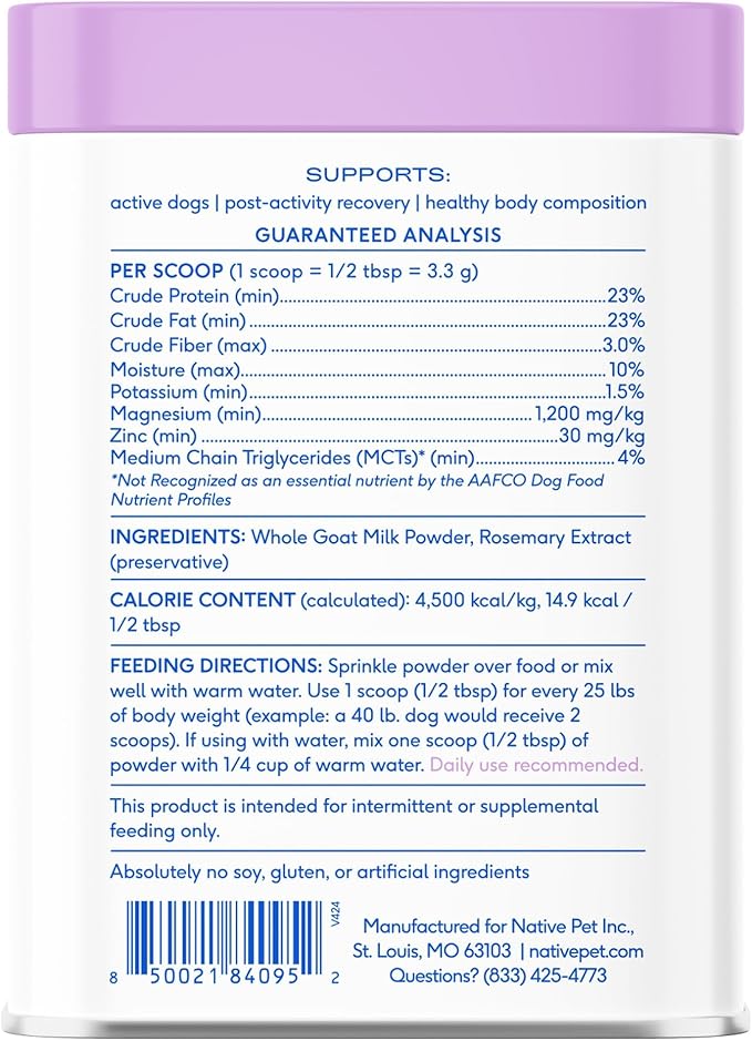 Native Pet Goat Milk Powder - Dog Food Topper for Active Dogs - Post-Activity Recovery, Energy, Immune Support, Hydration & Bone Health - Whole Goat Milk with MCTs & Essential Minerals - 60 Scoops
