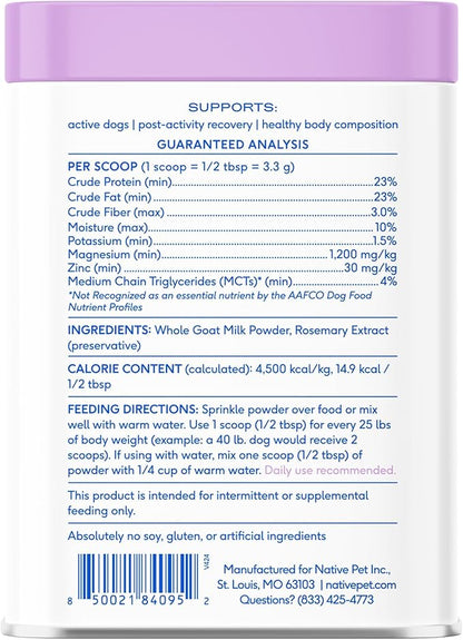 Native Pet Goat Milk Powder - Dog Food Topper for Active Dogs - Post-Activity Recovery, Energy, Immune Support, Hydration & Bone Health - Whole Goat Milk with MCTs & Essential Minerals - 60 Scoops